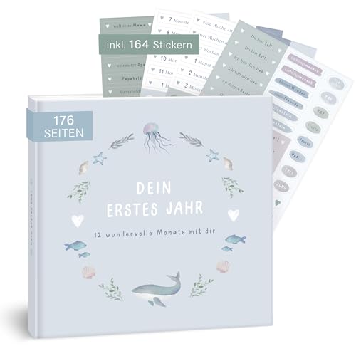 mintkind Mein erstes Jahr album dla niemowląt wieloryb niebieski – delikatny dziennik dla niemowląt z 176 stronami i zestawem naklejek na cenne wspomnienia z pierwszego roku życia, starannie