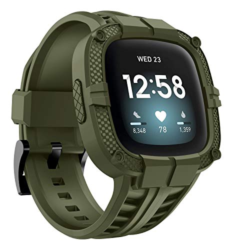 GELISHI Compatible with Fitbit Versa 3 Bands with Bumper,TPU Sport Protective Case Rugged Protector Replacement Strap Accessories for Fitbit Sense/Fitbit Versa 3 Smart Watch - Army Green