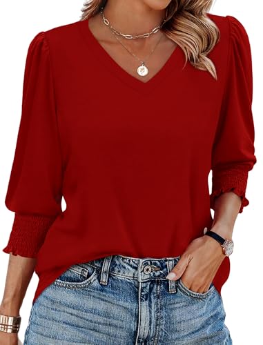 3/4 Length Sleeve Women's Tops Plus Size Summer Casual Shirts Loose Fit Dressy Tunic Tops to Wear with Leggings Red XL