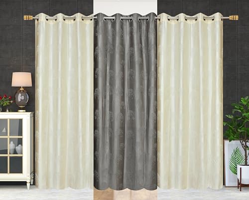 GOYTEX Premium Polyester Window Curtains 5 Feet Long Set of 3 for Window and Door, (4 Feet x 5 Feet, 2 Cream 1 Grey)