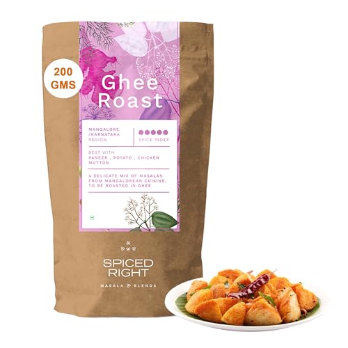Image of Spiced Right Mangalore Ghee Roast Masala 200gm - Authentic Mangalorean Curry Spice Masala Blend with Garlic for Chicken, Prawn, Mutton, and Veg Dishes - No Artificial Colouring or Flavouring.