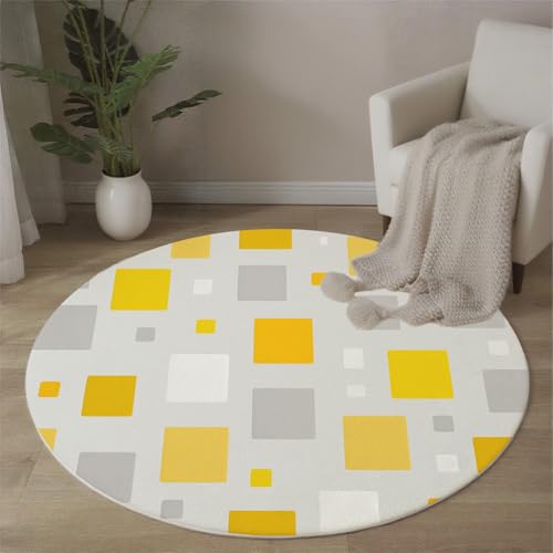 Tapis rond cubes abstraits 60 cm beige jaune lavable en machine