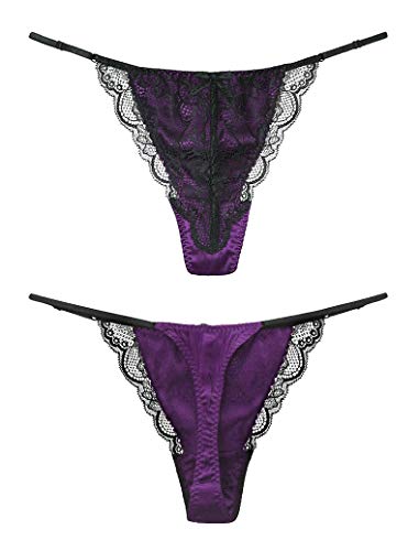 SilRiver Perizoma Sexy Donna in Raso di Seta di Gelso con Pizzo, Intimo Senza Cuciture per Comfort e Stile Elegante (Viola Reale., S/M)