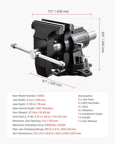 Image of VEVOR Heavy Duty Bench Vise, 5.5 inch Jaw Width, Double Swivel Rotating Multi-Purpose Bench Vise, with 360 Locking Swivel Base and Head, 2.76 inch Throat Depth, 5 inch Max Jaw Opening, for Drilling Pipe Cutting