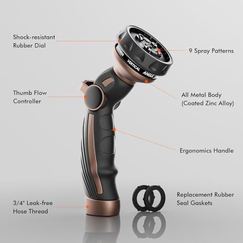 Image of RESTMO Hose Nozzle Heavy Duty, Metal Water Hose Sprayer for Garden | 9 Spray Patterns, High Pressure, Thumb Flow Control, On /Off Valve, Ideal for Outdoor Lawn & Plant, Car & Pet, Brown
