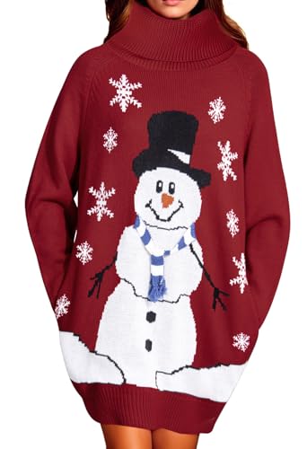 Pink Queen Damen Übergroßes Langes Pulloverkleid Rollkragen Taschen Minikleid Weihnachtskleider Strick Pullover Rubin M
