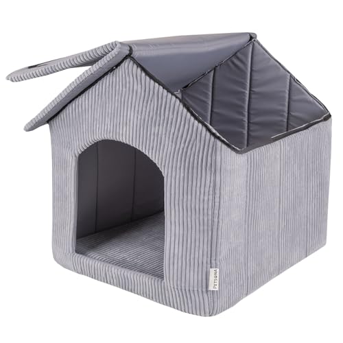 Petsona Hundehütte Rippenstrickstoff Waschbarer Bezug Reißverschlussdach, Dunkelgrau,XXL