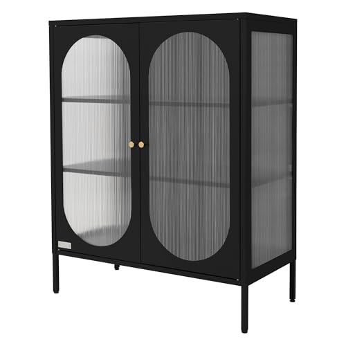 ML-Design Vitrinenschrank 80x102,5x40 cm, Schwarz, Vitrine mit 3 Ablage-/Regalfächer & 2 Türen, Wohnzimmer Metallschrank aus Stahl, Industrieller Stil, Kommode Bücherschrank Aktenschrank Standschrank