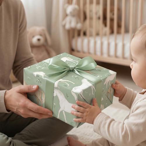 SaringSwoon Reversible Sage Green Wrapping Paper Roll - Horse Gift Wrap With Vintage Horse Floral Stripe Design for Baby Shower, Birthday, Wedding, Bridal Shower - 17.5" × 26 Ft — view 3