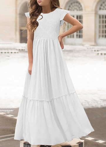 Image of MITILLY Girls Lace Flower Ruffle Sleeve A-Line Swing Wedding Party Maxi Dress with Pockets
