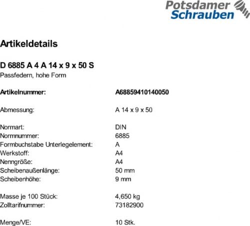 DIN 688 Passfedern, hohe Form, rundstirnig A 4 A 14 x 9 x 50 A 4 S 10 Stk