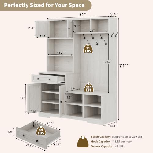 Einhomn-5-in-1-Hall-Tree-with-Bench-and-Shoe-Storage-51-W-Entryway-Organizer-Coat-Rack-with-9-Hooks-2-Storage-Cabinets-Drawer-Open-Cubbies-for-Mudroom-Hallway-Living-Room-Rustic-White