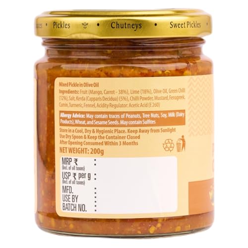 Image of SWAD Mixed Pickle in Olive Oil 200g | Spicy Mixed Achar with Made with Premium Olive Oil | Made with Fresh Mango, Carrot, Lime, Green Chilli, & Traditional Spices