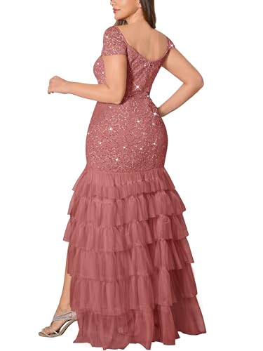 MISSMAY Women's Plus Size Sequin Floral Lace Mesh Tiered Ruffle Slit Mermaid Long Formal Evening Gown Dress2