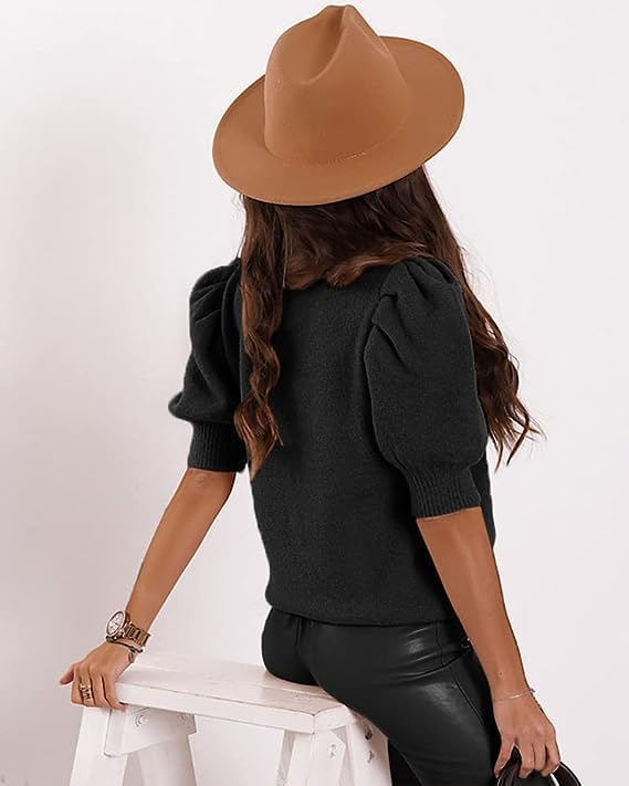 Womens Puff Short Sleeve Sweater Tops 2025 Spring Summer Trendy Casual T Shirts Blouses - Image 2