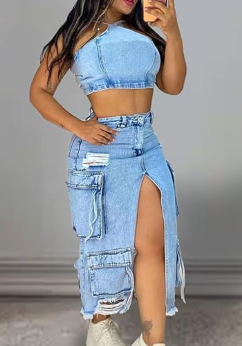 Women's Denim Maxi Skirts Cargo High Waisted Y2k Slit Ripped Skirts Jean Skirt with Multi-Pocket3