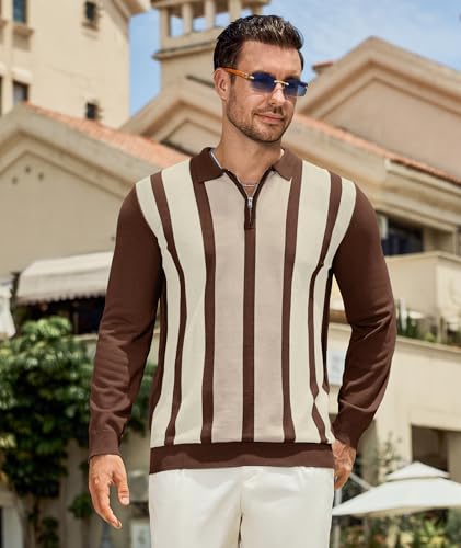 PRIVIMIX Mens Knit Striped Polo Shirts Long Sleeve Fashion Vintage Quarter Zip Pullover Casual Polo Sweater3