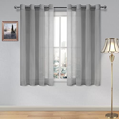 DWCN Grey Sheer Curtains Textured Semi Transparent Eyelet Top Decorative Voile Curtain for Living Bedroom 52" Wide x 63" Drop, 2 Panels