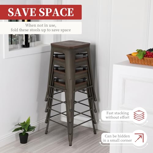 Image of FDW Metal Bar Stools Set of 4 Counter Height Bar Stools 24 Inches Industrial Bar Chairs Patio Stool Stackable Backless Stool Indoor Outdoor Metal Kitchen Stools Bar Chairs (Bronze with Wood, 24 inch)
