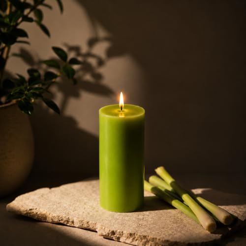 Image of AuraDecor Lemongrass Scented Pillar Candles Set of 2 | Smokeless & Long Burning Decorative Candles for Home Decor, Bedroom, Living Room, Spa, Meditation, Relaxation & Gifting