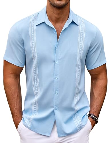 COOFANDY Mens Casual Button Down Shirts Short Sleeve Cuban Guayabera Shirt Summer Beach Top Light...
