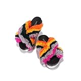 Cape Robbin Spotty Furry Faux Fur Slides Slippers, Platform Strappy Rhinestone Sandals for Women - Rainbow Size 10