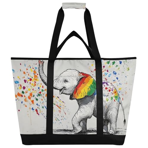 Elephant Art Funny Large Insulated Tote Bag for Grocery Shopping Reusable Tote Bags for Women Men, Cooler Bag with Zippered Top & Handles for Beach Picnic Travel