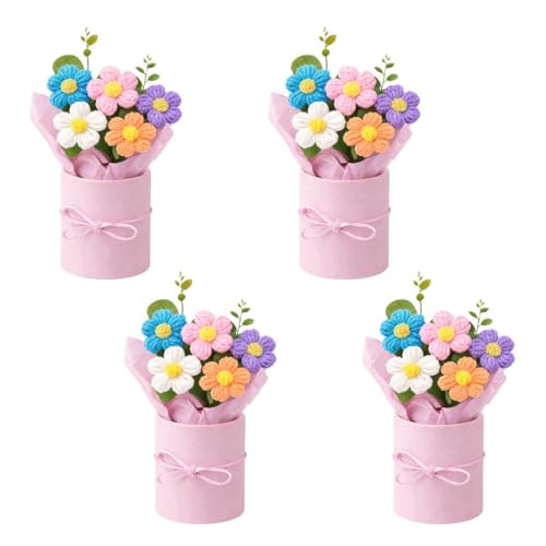 Image of VCR Handmade Mix Crochet Bouquet- Pack of 4 - Hand Woven Knitted Artificial Hand Knitted Bouquet Flower for Office Desk, Table, Car, Bedroom, Wedding & Special Occasions
