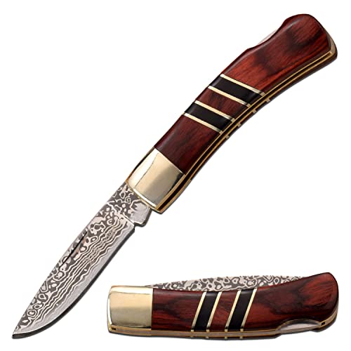 Elk Ridge - Outdoors Manual Folding Gentleman's Knife - Stainless Steel Blade w/Damascus Pattern, Brown Wood Handle w/Black Wood Inlay, Nickle Silver Bolster - EDC, Camping, Hunting - ER-951WBCR