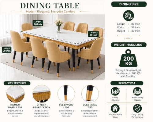 Image of Elara Modern Dining Table Set 8-Seater Wooden Dining Table Set | 1 Year Warranty | Nano Composite Marble Marble Top Table with 8 Chairs (Black)