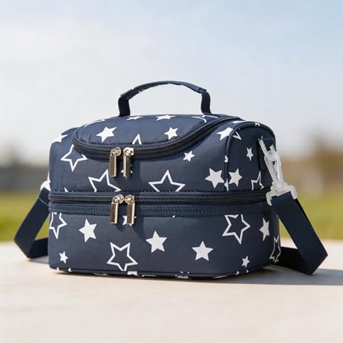 Image of Insulated Kids Dual Compartment Lunch Bags Tote Pack for Girls Boys Toddler Kindergarten School Picnic Cooler Thermal Lunch Boxes with Strap Blue Star