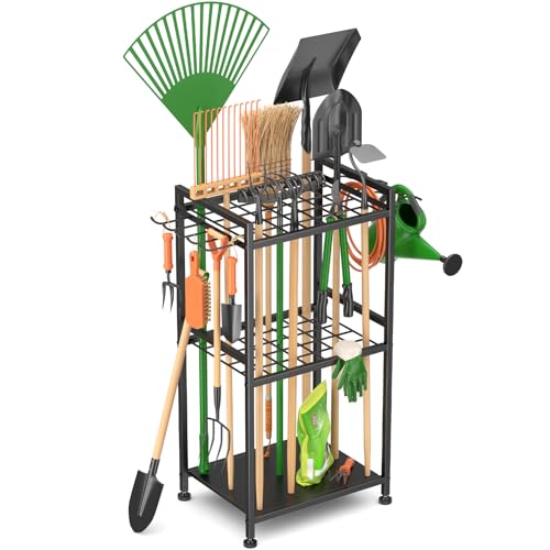 WELDUN Gartenwerkzeug Organizer Garage Standregal Garden Tool Stand für 35 langstielige Werkzeuge Garage Management mit Haken für Schuppen Besen Mopp Rechen Schaufel Gartenschlauch