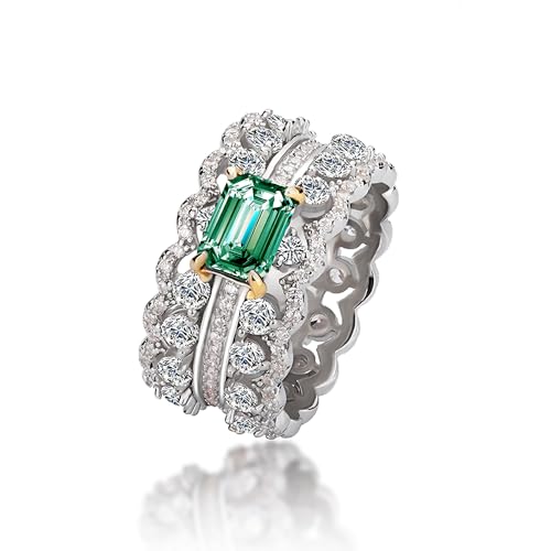 1 Carat Emerald Cut Peacock Blue/Red/Emerald/Champagne Moissanite Women's Wedding Band, 925 Sterling Silver Plated 18K White Gold Deluxe Full Moissanite Set Eternity Ring2