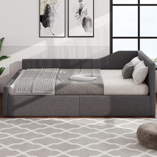 Dolamaní Hydraulisch Stauraumbett Eckbett 140x200 mit Lattenrost aus Holz, Doppelbett Leinen Polsterbett Tagesbett Gästebett für Kinder Jugendliche und Erwachsene, ohne Matratze (Grau)