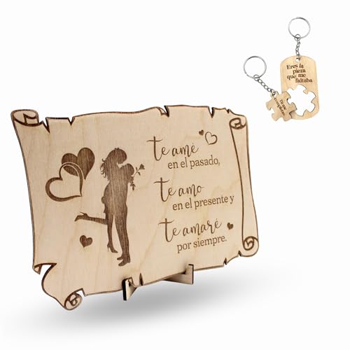 Ayurvana Pergaminho de madeira gravado com base e porta-chaves – presente romântico para casais, namorados ou maridos, detalhe motivo para aniversário, dia dos namorados, aniversários, casamentos ou