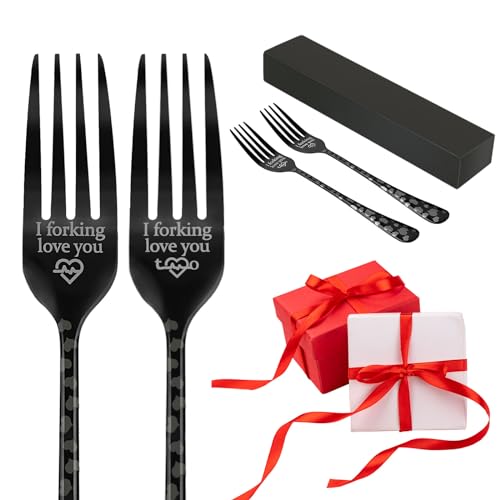 EDATOFLY 2 Piezas Tenedores de Cena de Acero Inoxidable Grabados 'I Forking Love you' - Regalo de San Valentín, Aniversario y Cumpleaños Regalo para Él, Para Ella, Hombres y Mujeres (Negro)