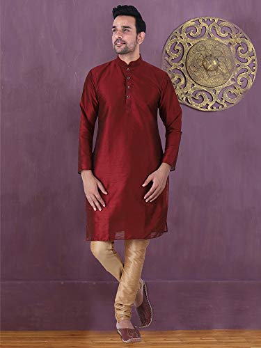 Image of HUZUR Men's Silk Solid Straight Long Kurta Pyjama Set| Ethnic Wear