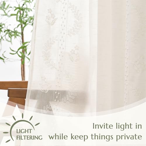 Image of jinchan Floral Linen Curtains 63 Inch Farmhouse Back Tab 2 Panels