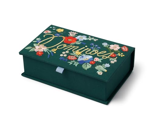 RIFLE PAPER CO. Dominoes Set | 28 Dominoes with Illustrated Designs, Packaged in Embroidered Keepsake Box, Includes Instruction Card for Games, Strawberry Fields