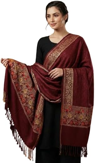 Couture Home Elegant Winter Shawl for Women, Gold Embroidered Border, Traditional Kashmiri Style, Tasseled Design