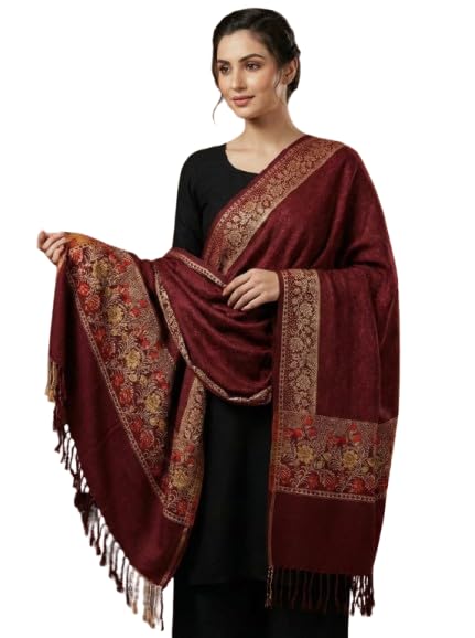 Elegant Winter Shawl for Women, Maroon with Gold Embroidered Border, Traditional Kashmiri Style, Tasseled Design