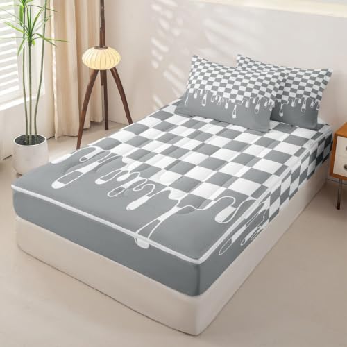 Image of Neutral Grey Checkered Zipper Bedding Set Twin Zip Up Bedding Gingham Checkerboard Drip Comforter Set with Sheets,Retro Aesthetic Funky Modern Geometric Bed in a Bag Grid Plaid Bed Sets Y2K Room Decor