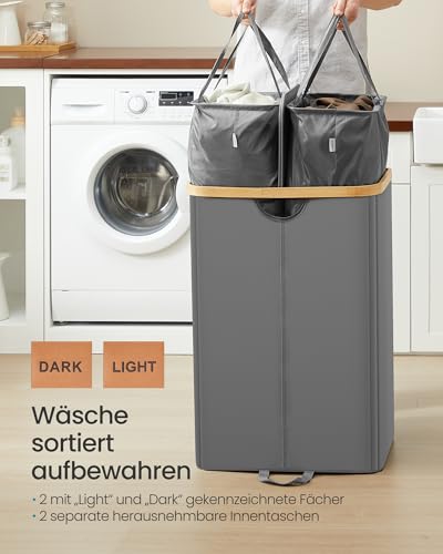 SONGMICS Wäschekorb 2 Fächer, Wäschesammler, 150 Liter, Wäschesortierer mit Deckel, Wäschetonne, Wäschesäcke herausnehmbar, für Waschküche, Schlafzimmer, Wohnzimmer, schiefergrau-naturbeige LCB523G01