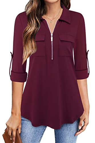 Bulotus Womens Tunic Tops To Wear With Leggings, Ladies Tops And Blouses 3/4 Sleeve For Work V Neck Shirts With Zipper Collared Professional Blouses For Women Dashion 2022, Burgundy, X-Large #TOP20