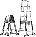 Produktbild MJK Leiter, Teleskopleiter A-Frame mit Stabilizer Bar Sicherheitsleiter Aluminium Folding Ausziehbare Doppelschiebeleiter Multi-Purpose Tragbare Notleiteranlagen laden 150kg / 330Lbs,5.1m / 16.7ft