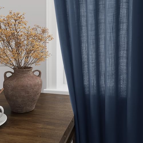 Image of Nanspring Denim Blue Linen Curtains 84 Inch Length 2 Panels Set for Living Room Rod Pocket Back Tab Light Filtering Window Drapes for Bedroom Dining Room Protect Privacy Country Farmhouse Decor 52x84