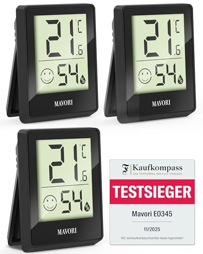 TESTSIEGER - MAVORI® 3 St. Hygrometer Thermometer innen - präziser Luftfeuchtigkeitsmesser & Raumthermometer innen - Thermometer Hygrometer innen, Temperaturmessgerät & Hydrometer, (schwarz, 3er Set)