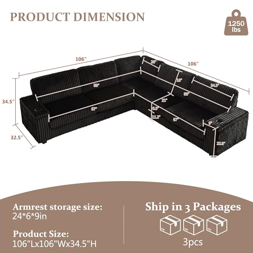 Image of L Shaped Couches for Living Room, Oversized Modular Sectional Sofa with Armrest Storage, USB Ports and Cup Holders, 5 Seats Corduroy Couch for Living Room, Bedroom and Apartment, Matte Black