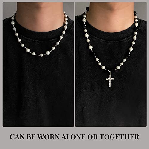 Cross Necklace for Men Black White Pearl Necklace Rosary Stainless Steel Necklace 10mm Double Layered Cuban Link Fashion Jewelry Baptism Gifts for Him4