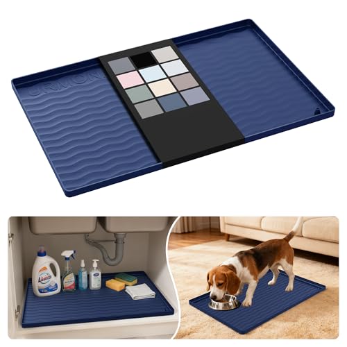 Image of URMONA Waterproof Silicone Under Sink Mat 22'' x 14'' Shelf Liner for Kitchen and Bathroom, Cabinet and Counter Protector, Storage and Organizers, Litter Mat, Pet Cat Puppy Essentials(Navy)